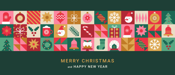 Merry Christmas and Happy New Year minimalist geometric background. Modern pattern with holiday icons. Trendy design for banner, card, cover, poster, wallpaper, packaging.