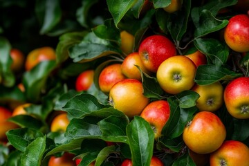 Detailed view of apples on a tree with a mix of red and yellow colors, creating a vibrant contrast with green leaves