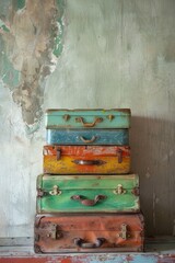 Stack of Vintage Colorful Suitcases. AI generative