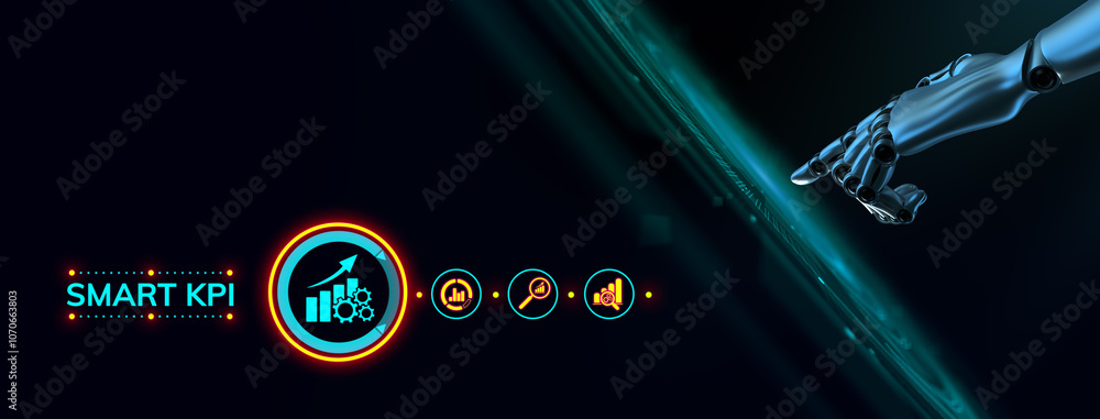 Poster smart kpi key performance indicators illustrated with a robot hand pressing a button on a virtual sc