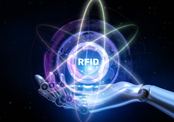 RFID Radio Frequency Identification Illustrated with a Robot Hand Pressing a Button on a Virtual Screen. 3D render.