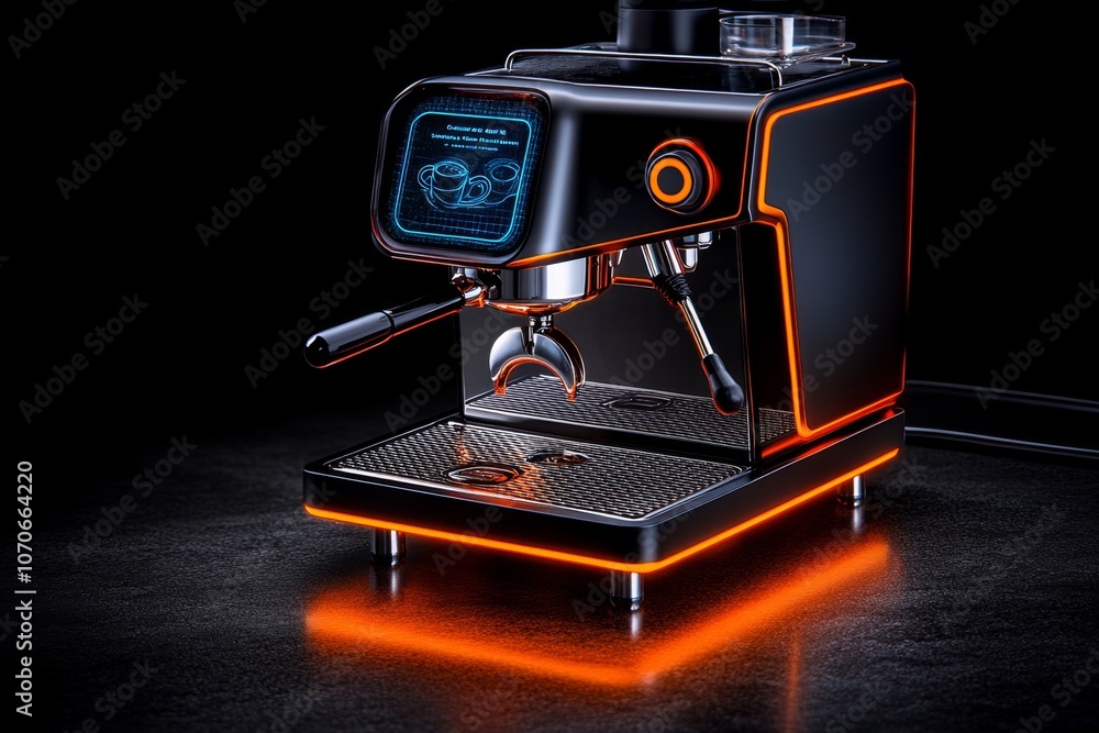 Poster futuristic coffee machine with neon accents and digital holographic display, creating a high-tech lo