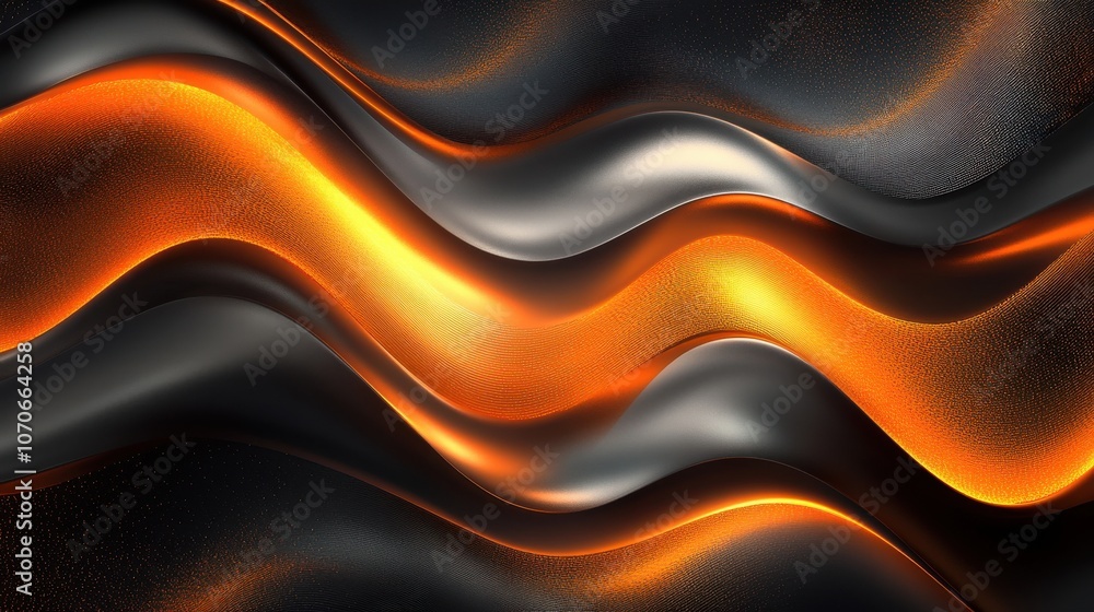 Poster flowing abstract waves of black and orange textures create a dynamic visual effect.