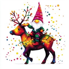Naklejka premium A colorful gnome rides a vibrant reindeer adorned with lights, set against a backdrop of festive confetti and whimsical extravagance.