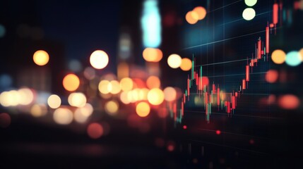 A dynamic stock market graph displayed against a blurred cityscape at night, showcasing vibrant colors and lights.