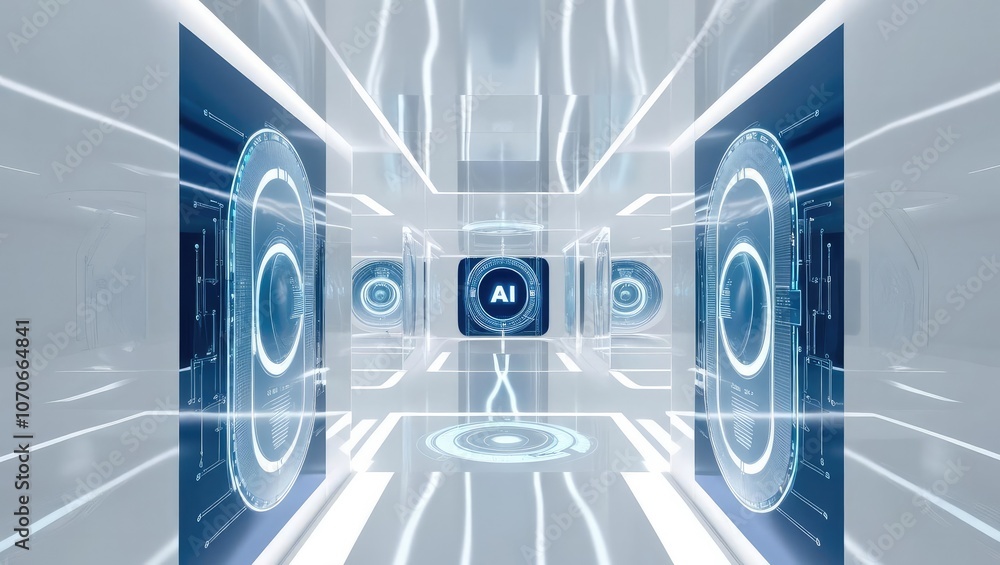Poster a futuristic, high-tech corridor features large screens displaying ai graphics, illuminated by glowi