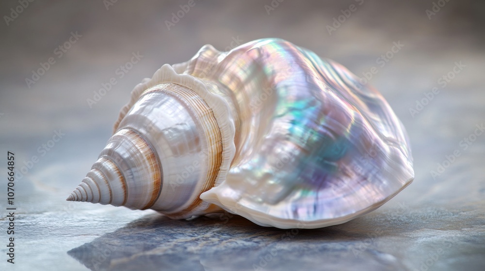 Poster a close-up of a beautiful iridescent shell on a smooth surface, showcasing intricate details and nat