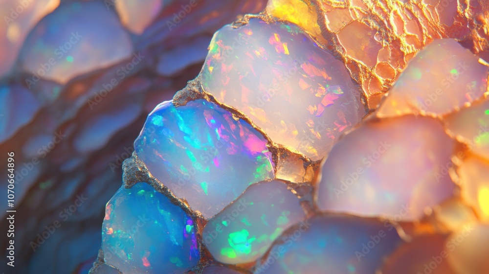 Poster close-up of iridescent opal gemstones showcasing a vibrant array of colors in a natural setting.