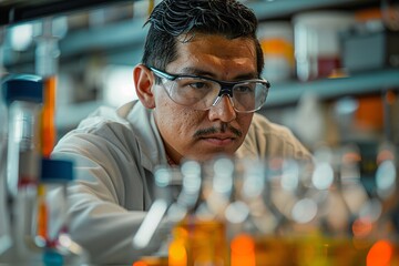 A researcher in a lab coat examines various glass vials filled with colorful liquids. Wearing protective eyewear, he focuses intently on the experiments taking place around him