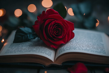 a single red rose resting on an open book of romantic poetry.