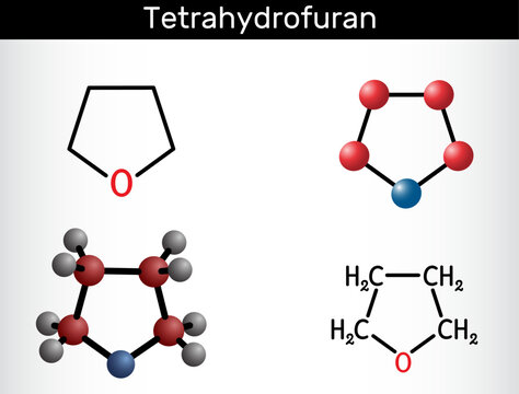 Tetrahydrofuran, THF, oxolane organic solvent molecule. It is. Structural chemical formula, molecule model. Vector