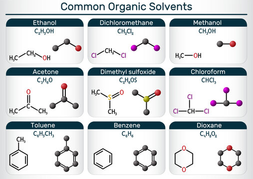 Common organic solvents. Structural and 3D models of acetone, ethanol, methanol, chloroform, toluene, benzene, dichloromethane, dimethyl sulfoxide, and dioxane. Vector