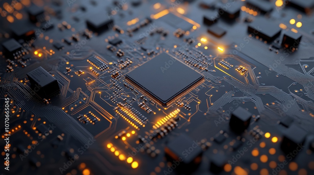 Aufkleber close-up of a black microchip on a circuit board with glowing orange circuit lines, creating a high-