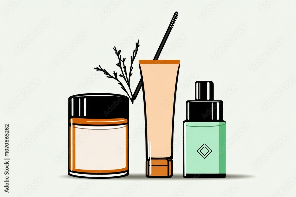 Poster illustration of skincare items with simple lines and soft pastel colors on a plain background