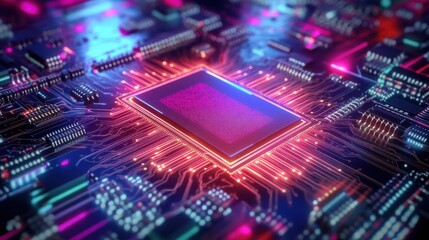 Obraz premium A vibrant close-up of a microchip surrounded by glowing circuits and connections, showcasing a futuristic technology theme.