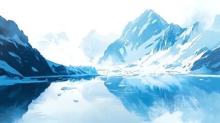 a 2D cartoon illustration of a glacier lake with icebergs, cold and majestic, white background--ar 16:9