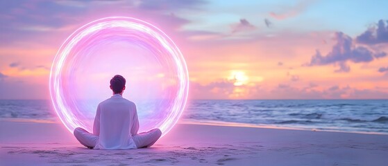 A man is sitting on the beach with a glowing circle in front of him