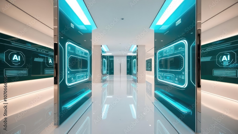 Poster a futuristic corridor lined with luminous screens displaying ai technology, featuring sleek design a