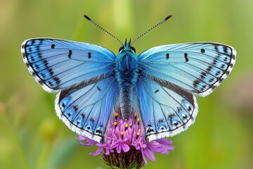 Fototapeta premium Blue Butterfly Resting on a Flower in Meadow