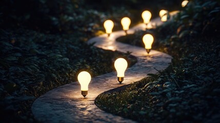A series of light bulbs illuminating a winding path, representing the progression of ideas evolving into tangible innovations.