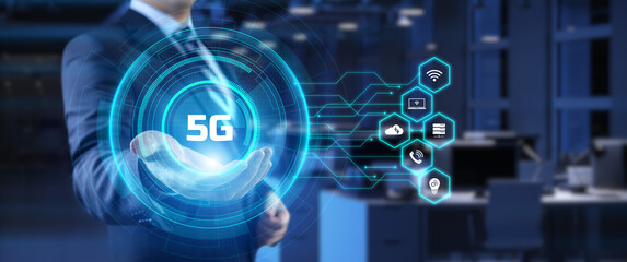 5G High-speed internet connection concept. Businessman pressing button on screen.