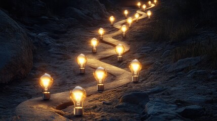 A series of light bulbs illuminating a winding path, representing the progression of ideas evolving into tangible innovations.