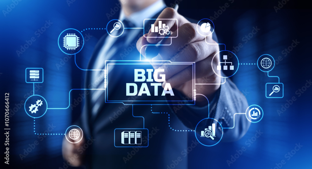 Poster big data analysis analytics internet technology concept. businessman pressing button on screen.