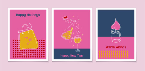 Happy New Year. Collection of modern backgrounds, posters, cards.  Line art style holiday design, social media promotional content. Colorful vector illustrations.