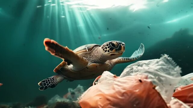 Sea turtle swimming among plastic waste. Ocean pollution awareness concept