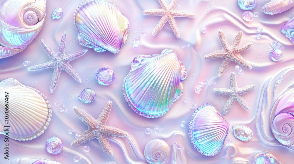 Poster a stunning array of iridescent shells and starfish on a soft pastel background, creating a dreamy co