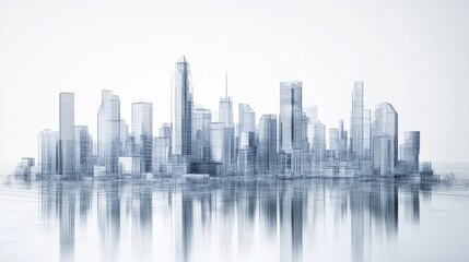 Fototapeta premium A digital outline of a modern city skyline, showcasing sleek skyscrapers and reflective water.