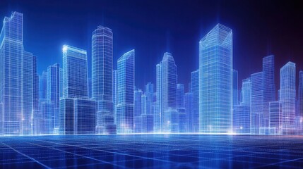 Futuristic city skyline showcasing illuminated skyscrapers in a vibrant blue hue, evoking a sense of innovation and technology.