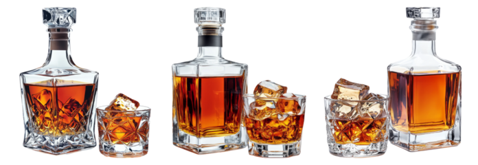 Elegant Whiskey Bottles with Ice Cubes on Display