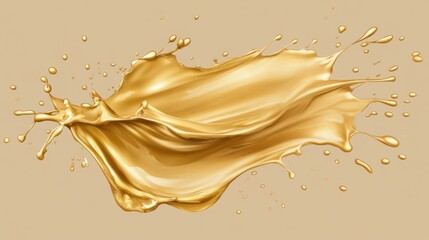 Fototapeta premium A dynamic splash of glossy golden liquid against a soft beige background, conveying a sense of luxury and elegance.