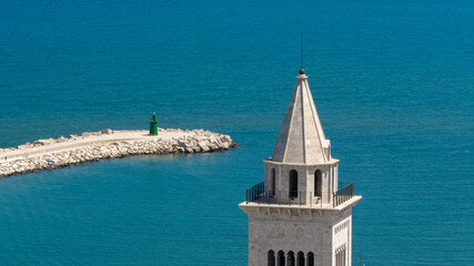 Aerial view of the top of the bell tower of the Duomo of Trani, in Puglia, Italy. The cathedral basilica of Santa Maria Assunta, commonly known as San Nicola Pellegrino, is a place of Catholic worship