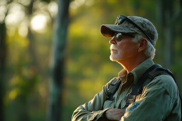 Obraz premium Ranger in Soft Morning Light Observing Wildlife