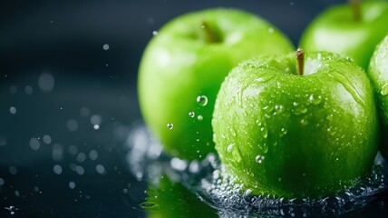 A close-up of A fresh green apples glistening with water droplets, surrounded by splashes, their freshness and crispness.