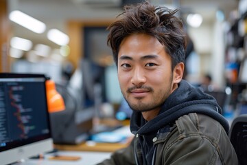 A young man with tousled hair sits at a desk, focused on his computer screen in a contemporary office environment. The bright workspace showcases an inviting atmosphere and collaborative spirit