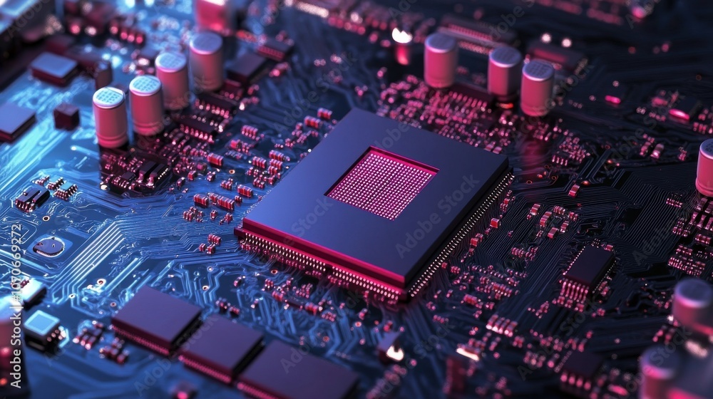 Poster a close-up view of a modern computer circuit board with a vibrant electronic chip surrounded by intr