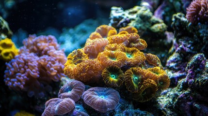 Obraz premium Vibrant coral reef with orange, pink and purple coral polyps in a tropical aquarium.