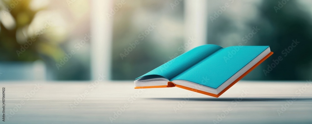 Poster display a minimalist floating hardcover book mockup with a clean layout and blank cover design