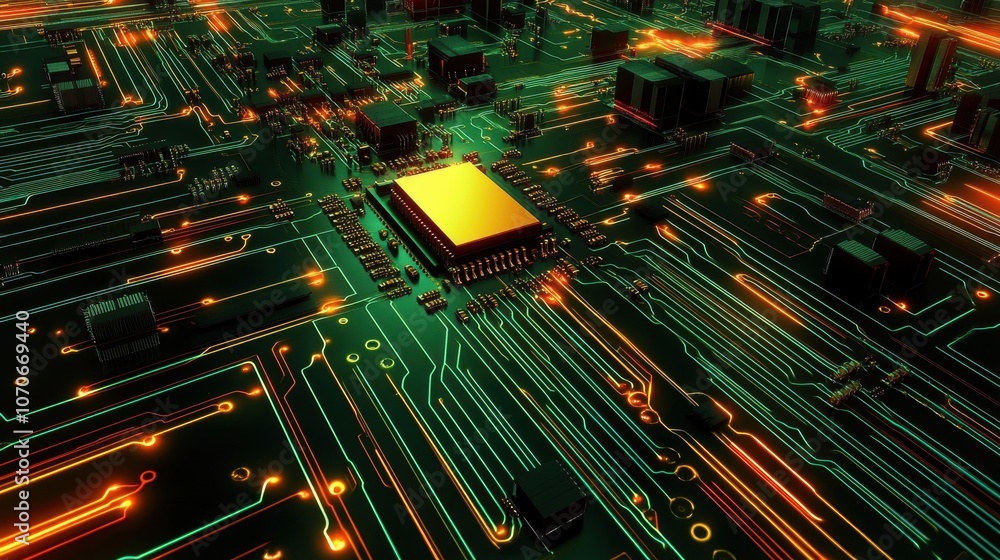 Poster a close-up view of a futuristic circuit board featuring glowing connections and a central processor.