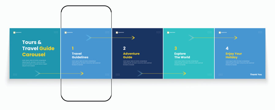 Tours and Travel guideline Instagram carousel template or LinkedIn carousel. Social media banner frame for travel agency carousel design