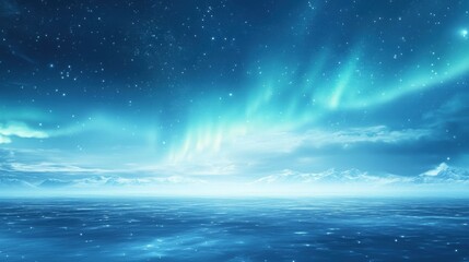 A serene night sky illuminated by the aurora borealis over a tranquil ocean landscape.