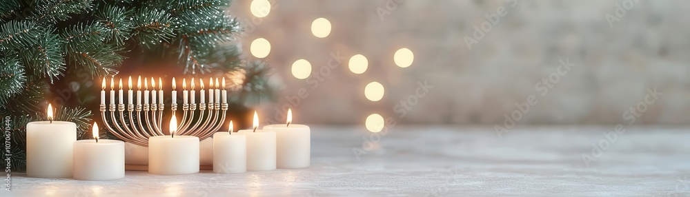 Poster a menorah with lit candles is adorned with greenery, creating a warm, festive atmosphere illuminated