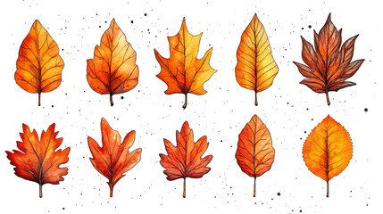 Naklejka premium Beautiful watercolor autumn leaves collection with vibrant shades of orange, red, and yellow. Perfect for seasonal vector designs, invitations, artistic celebrating beauty of fall. Dry leaves set.