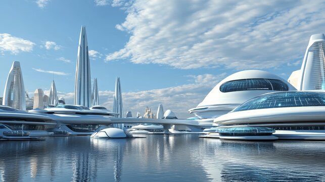 A futuristic cityscape with sleek buildings and water reflections under a bright sky.