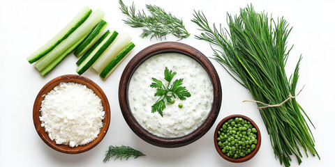 A fresh arrangement of cucumbers, herbs, and creamy dip enhances healthy eating and vibrant flavors.