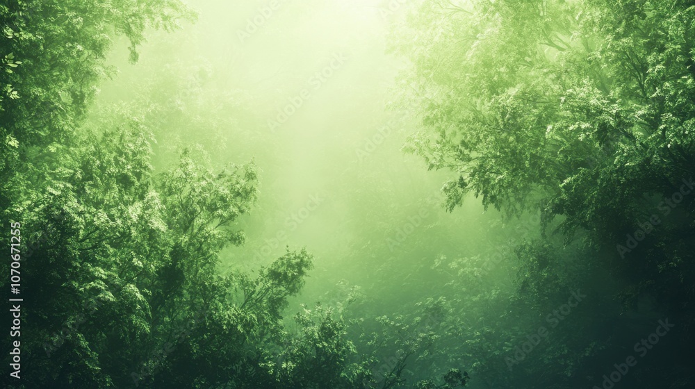 Poster a serene green forest scene with soft light filtering through lush trees, creating a tranquil and et