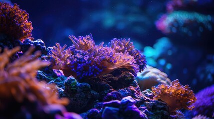 Obraz premium Vibrant purple and orange coral reef in an aquarium with a blue background.